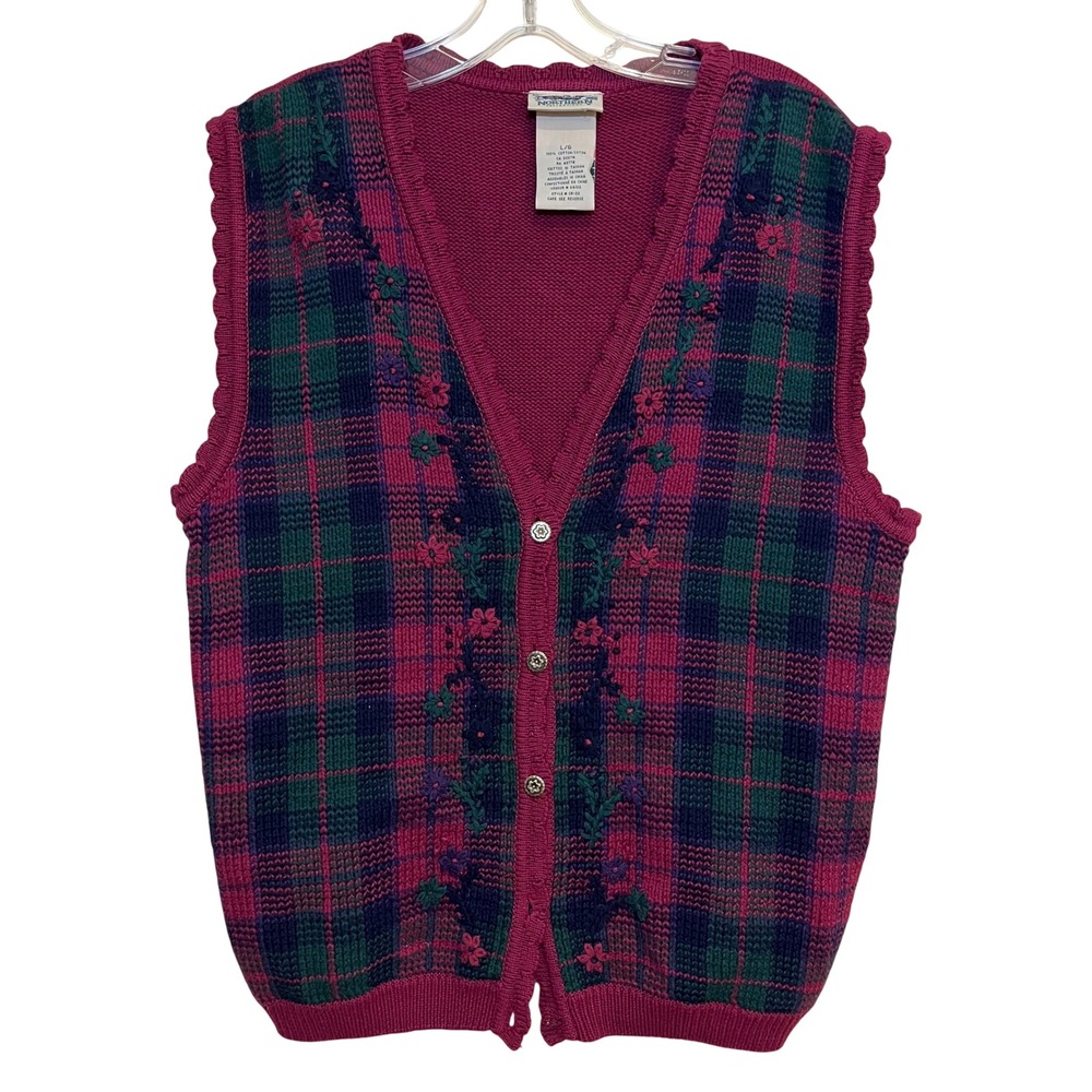 VTG Northern Reflections Knit Sweater Vest Plaid Floral Embroidery Large Grandma